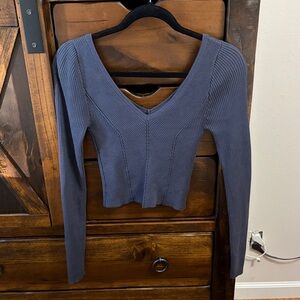 V-Neck Ribbed Crop Top - Blue